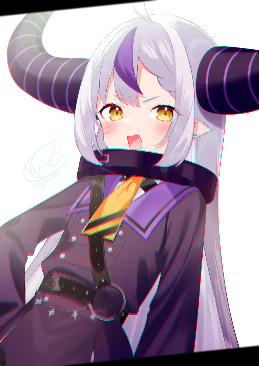 1girl :d ahoge bangs black_dress blush braid braided_bangs brown_eyes chromatic_aberration commentary_request demon_horns dress eyebrows_visible_through_hair fang grey_hair hand_on_hip highres hololive horns la+_darknesss long_hair long_sleeves looking_at_viewer luna_(mi-chanman) multicolored_hair pointy_ears purple_hair signature sleeves_past_fingers sleeves_past_wrists smile solo streaked_hair v-shaped_eyebrows very_long_hair virtual_youtuber white_background