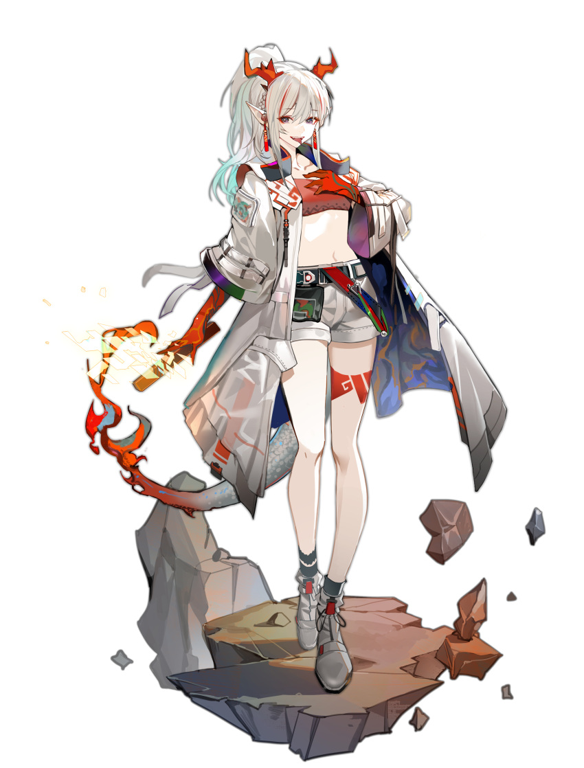 1girl absurdres arknights arm_at_side bangs belt belt_buckle belt_pouch bijian_de_linghun buckle clothes_lift coat collarbone colored_skin commentary_request dragon_girl dragon_horns earrings eyebrows_visible_through_hair fire grey_eyes hair_between_eyes hair_ornament hand_on_own_chest head_tilt highres holding horns jewelry long_hair long_sleeves looking_at_viewer nian_(arknights) pointy_ears ponytail pouch red_horns red_skin rock shorts simple_background solo stomach strapless tail tattoo tied_hair tongue tongue_out tube_top walking white_background white_coat wide_sleeves
