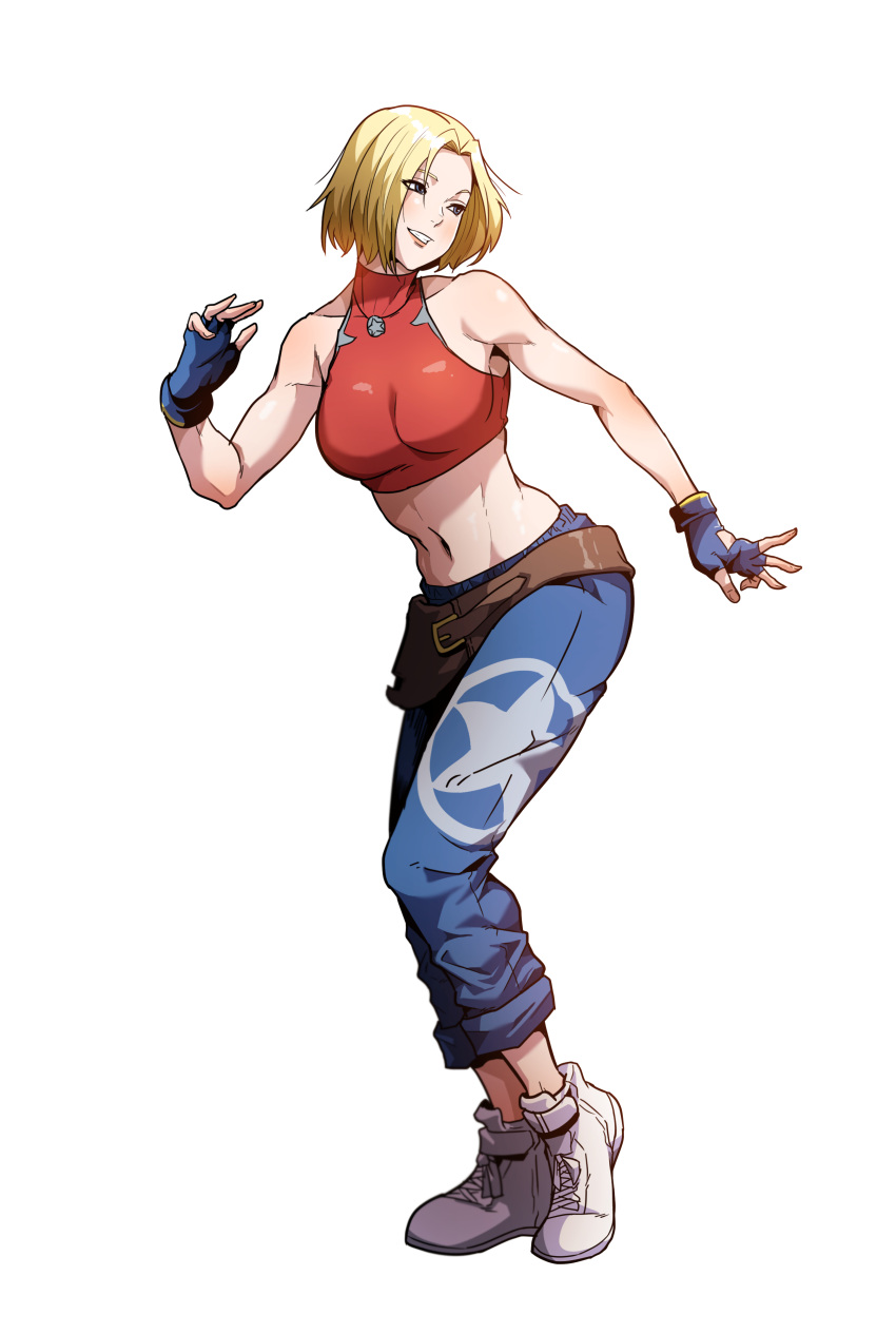 1girl absurdres baggy_pants belt blonde_hair blue_eyes blue_mary breasts crop_top fatal_fury fingerless_gloves full_body gloves grin highres honeyboy looking_to_the_side medium_breasts midriff navel pants short_hair simple_background sleeveless smile solo standing symbol-only_commentary teeth the_king_of_fighters the_king_of_fighters_xv