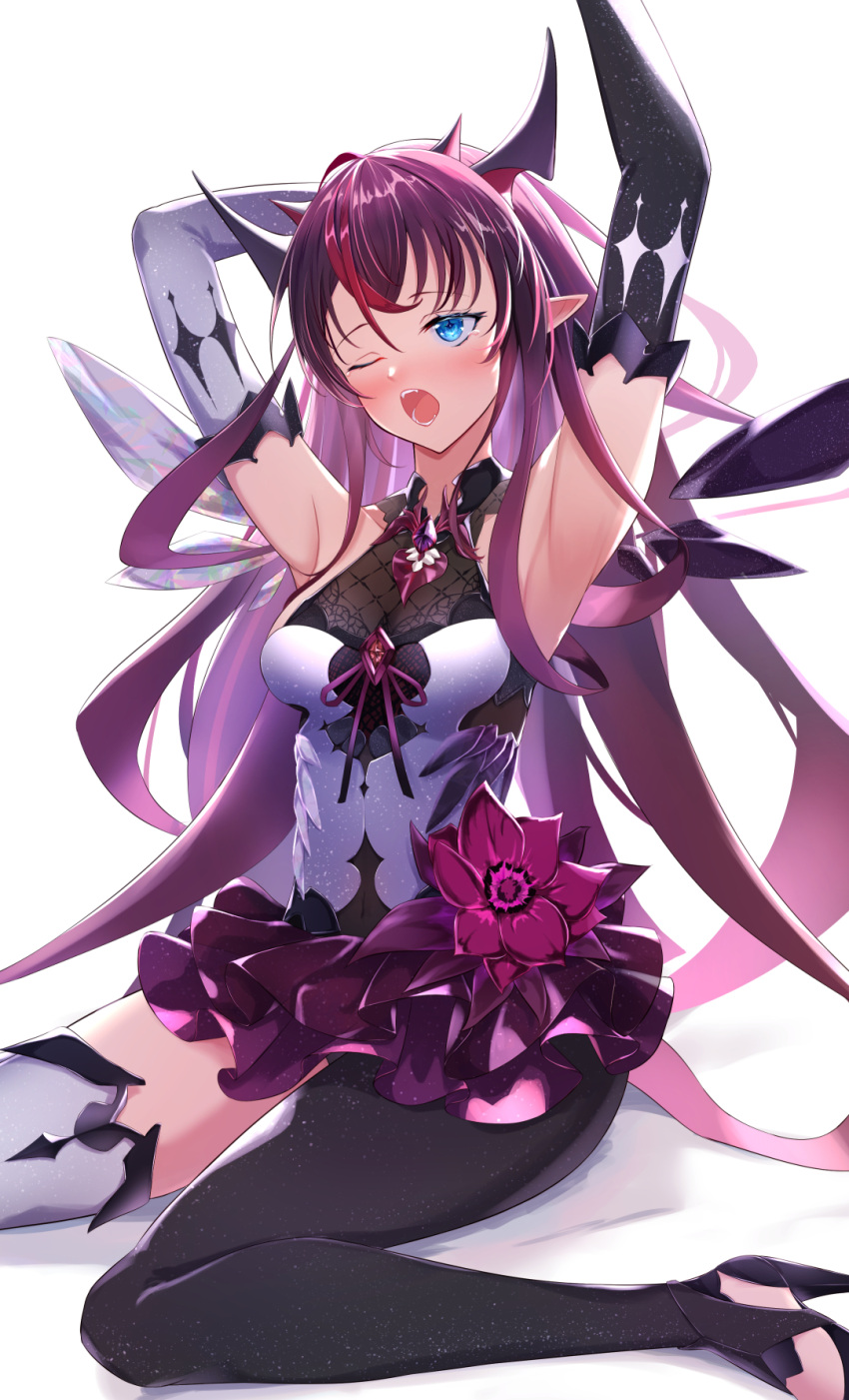 1girl armpits arms_up asymmetrical_bangs bangs blush bow breasts cocoablue23 demon_girl demon_horns elbow_gloves fangs flower gloves high_heels highres hololive hololive_english horns irys_(hololive) legs_folded long_hair looking_to_the_side medium_breasts mini_wings miniskirt multicolored_clothes multicolored_hair on_floor one_eye_closed open_mouth pleated_skirt pointy_ears see-through sideboob single_leg_pantyhose single_thighhigh sitting skirt solo tears thigh-highs thighs very_long_hair virtual_youtuber wings yawning