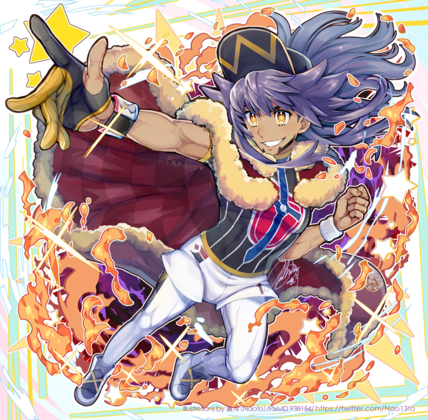 1boy arm_up baseball_cap cape champion_uniform clenched_hand commentary_request dark-skinned_male dark_skin dynamax_band facial_hair fire floating_hair fur-trimmed_cape fur_trim gloves grin hat leggings leon_(pokemon) long_hair male_focus naoto_(yandereheaven) partially_fingerless_gloves pokemon pokemon_(game) pokemon_swsh purple_hair red_cape shield_print shirt shoes short_shorts short_sleeves shorts single_glove smile solo sword_print teeth white_legwear white_shorts yellow_eyes