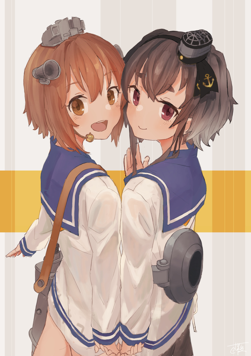 2girls absurdres black_hair bonozako brown_eyes brown_hair dress gradient_hair grey_hair hat highres holding_hands kantai_collection mini_hat multicolored_hair multiple_girls neckerchief sailor_dress short_hair short_hair_with_long_locks sidelocks smokestack_hair_ornament speaking_tube_headset tokitsukaze_(kancolle) yellow_neckerchief yukikaze_(kancolle)