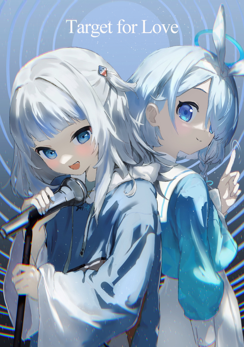 2girls :d absurdres arona_(blue_archive) blue_archive blue_eyes blue_hair blue_hoodie blue_nails blue_shirt bow_hairband closed_mouth commentary_request crossover english_text gawr_gura hair_ornament hairband halo highres hirooriginals holding holding_microphone holding_microphone_stand hololive hololive_english hood hoodie long_sleeves looking_at_viewer microphone microphone_stand multicolored_hair multiple_girls nail_polish one_eye_closed one_side_up shark_hair_ornament shirt silver_hair skirt smile streaked_hair upper_body white_skirt