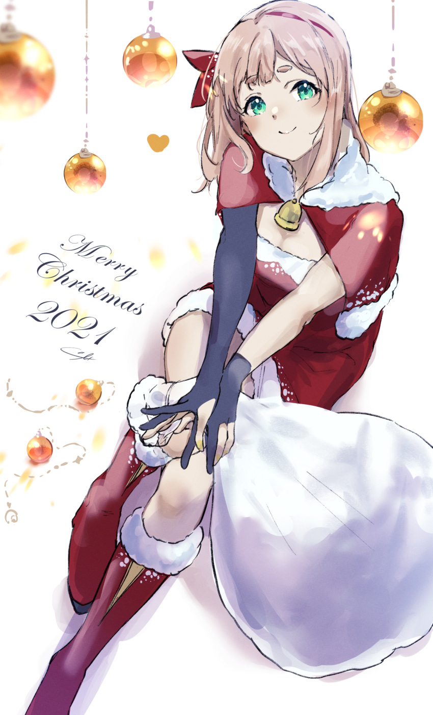 1girl absurdres bag bangs black_gloves blonde_hair blush boots bow christmas christmas_ornaments closed_mouth dress gloves green_eyes hair_bow hibike!_euphonium highres holding holding_bag knees_together_feet_apart knees_up kuziaaizuk long_hair looking_at_viewer red_bow red_dress red_footwear santa_costume short_sleeves sitting smile solo white_background yoshikawa_yuuko