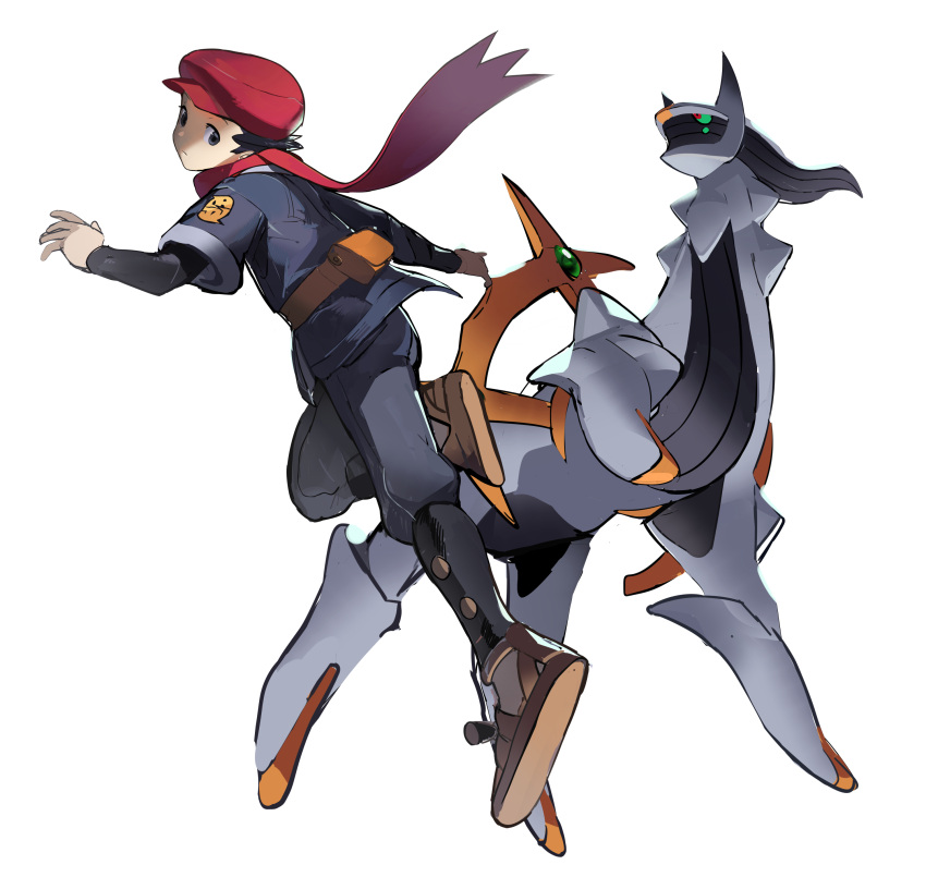 1boy absurdres arceus black_eyes black_hair black_shirt brown_footwear closed_mouth commentary_request floating_scarf grey_jacket hand_up hat highres jacket korean_commentary male_focus na1_pkmn pants pokemon pokemon_(creature) pokemon_(game) pokemon_legends:_arceus red_headwear red_scarf rei_(pokemon) scarf shirt shoes short_hair white_background