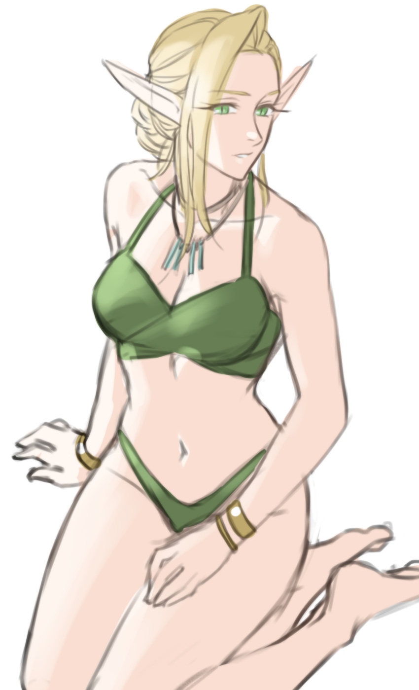 1girl absurdres bare_shoulders barefoot bikini blonde_hair bracelet breasts collarbone commentary dinelind_(drill_(emilio)) drill_(emilio) elf green_bikini green_eyes hand_on_own_thigh highres jewelry long_hair looking_away looking_to_the_side medium_breasts navel necklace original parted_lips pointy_ears sitting sketch solo swimsuit white_background yokozuwari