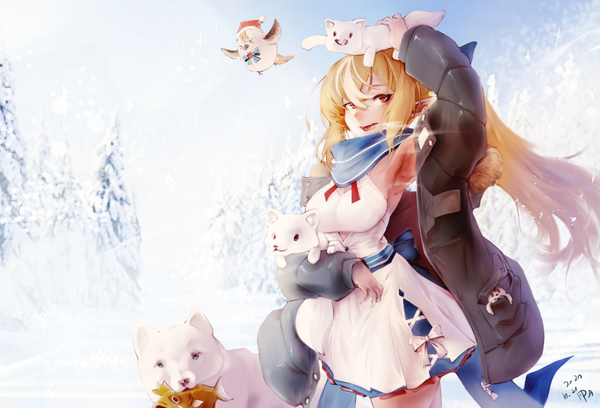 &gt;_&lt; 1girl :3 animal armpits bangs bear bird black_jacket blonde_hair blue_bow blue_eyes bow breasts cowboy_shot cross-laced_clothes dated dress english_commentary fish_in_mouth food_in_mouth fox hair_between_eyes hand_up hat holding hololive jacket long_hair long_sleeves lower_teeth medium_breasts open_clothes open_jacket open_mouth outdoors pocket pointy_ears polar_bear ponytail pparus red_eyes santa_hat shiranui_flare sidelocks signature snow solo standing teeth tree upper_teeth virtual_youtuber white_dress zipper_pull_tab