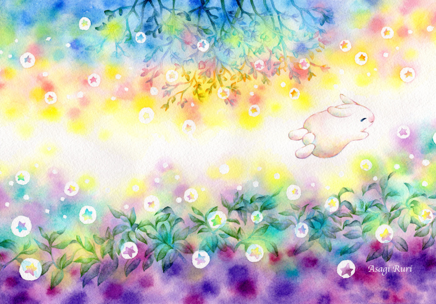 absurdres animal animal_focus artist_name closed_eyes commentary_request floating flying highres multicolored_background no_humans original plant rabbit sinsousui star_(symbol)