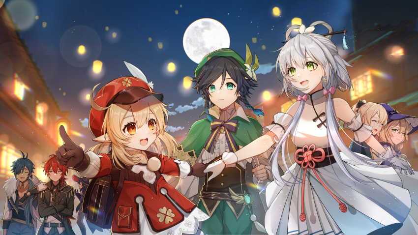 3boys 5girls :d absurdres antenna_hair bangs black_hair black_jacket blonde_hair blue_hair blue_headwear bow braid brown_gloves character_request chinese_commentary closed_eyes clouds commentary_request crossed_arms diluc_(genshin_impact) dress earrings eyepatch flower full_moon fur_trim genshin_impact gloves gradient_hair green_eyes green_headwear hair_between_eyes hair_ornament hair_rings hair_stick hat hat_flower highres jacket jean_(genshin_impact) jewelry kaeya_(genshin_impact) klee_(genshin_impact) lantern lisa_(genshin_impact) long_hair mona_(genshin_impact) moon multicolored_hair multiple_boys multiple_girls night night_sky outdoors pink_bow ponytail purple_headwear red_dress red_eyes red_headwear redhead short_hair silver_hair sky sleeveless sleeveless_dress smile twin_braids venti_(genshin_impact) very_long_hair vision_(genshin_impact) white_dress white_gloves witch_hat yolanda
