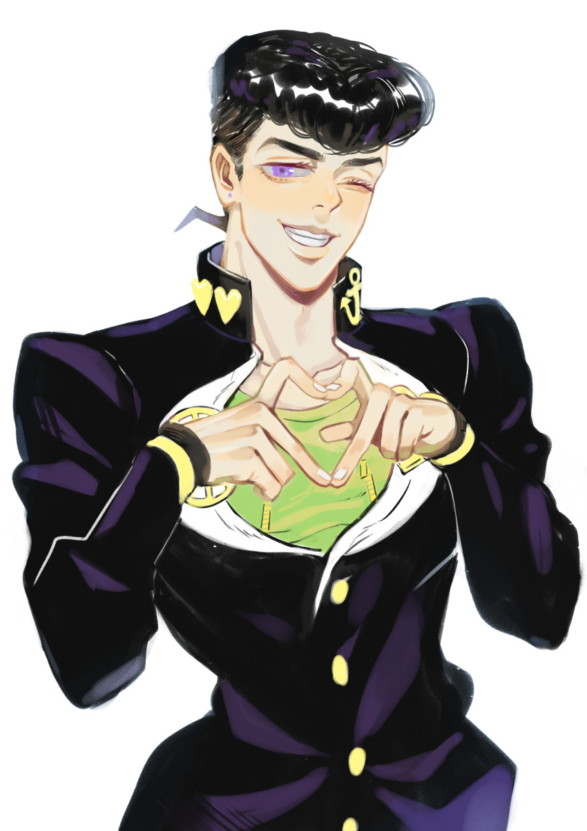 1boy absurdres black_hair diamond_wa_kudakenai gakuran grin heart heart_hands higashikata_josuke highres jojo_no_kimyou_na_bouken mogy88428 one_eye_closed peace_symbol pompadour school_uniform smile solo violet_eyes