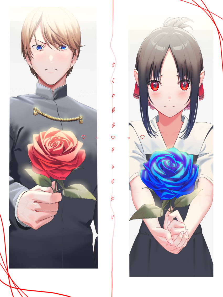 1boy 1girl bangs black_hair blonde_hair blouse blue_eyes blush coat eyebrows_behind_hair eyebrows_visible_through_hair flower highres holding holding_flower holding_weapon kaguya-sama_wa_kokurasetai_~tensai-tachi_no_renai_zunousen~ looking_at_viewer poligon_(046) ponytail red_eyes rose school_uniform shinomiya_kaguya shirogane_miyuki short_hair uniform weapon