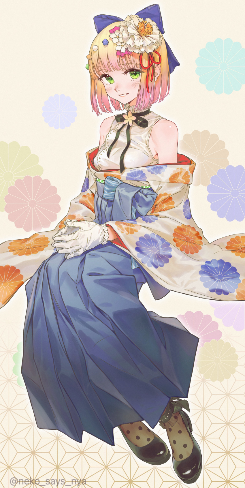 1girl absurdres blonde_hair bow floral_print flower gloves green_eyes hair_bow hair_flower hair_ornament hakama hakama_skirt highres hololive imaginary_neko japanese_clothes momosuzu_nene off-shoulder_kimono own_hands_together skirt smile virtual_youtuber white_gloves