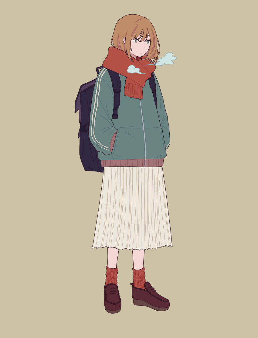 1girl absurdres backpack bag bangs black_bag blue_coat brown_footwear brown_hair coat full_body grey_background hands_in_pockets highres medium_hair original red_legwear red_scarf scarf shi_oo shoes simple_background skirt socks solo standing white_skirt