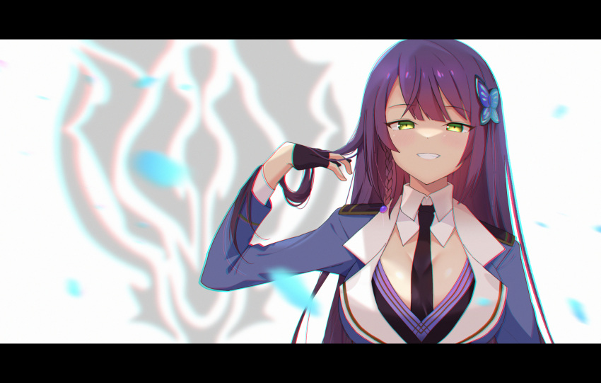 1girl assault_lily ayumu_(ayumu3659) bangs black_gloves black_necktie blue_jacket blunt_bangs blurry blurry_background blurry_foreground braid breasts butterfly_hair_ornament chromatic_aberration commentary_request detached_collar emblem epaulettes eyebrows_visible_through_hair falling_petals fang fingerless_gloves funada_kiito glint gloves green_eyes grin hair_flip hair_ornament half_gloves hand_up highres jacket large_breasts letterboxed light_blush long_hair long_sleeves looking_at_viewer necktie petals purple_hair side_braid single_braid smile solo upper_body white_background