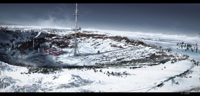 commentary haguruma_c highres letterboxed no_humans original scenery smokestack snow transmission_tower tree