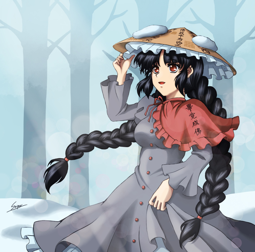 1girl absurdres ajirogasa bangs black_hair braid breasts brown_headwear buttons capelet clothes_writing commentary_request dress eyelashes frilled_dress frills grey_dress hat highres holding holding_clothes holding_dress holding_hat long_hair long_sleeves medium_breasts open_mouth outdoors red_capelet red_eyes red_ribbon ribbon single_strap sniper_(17891abc) snow touhou twin_braids yatadera_narumi