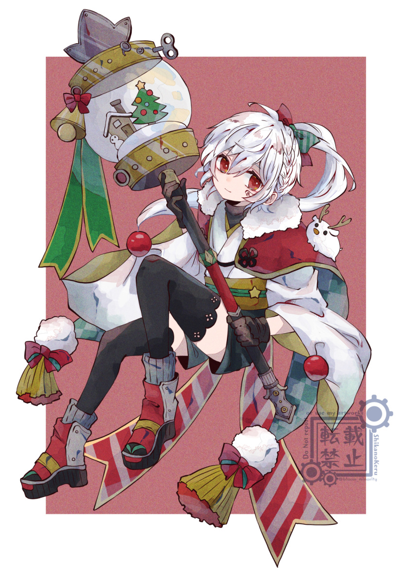 1girl bloomminority christmas christmas_tree fantasy highres original pale_skin ponytail red_eyes reindeer short_shorts shorts snow snow_globe solo steampunk thigh-highs white_hair