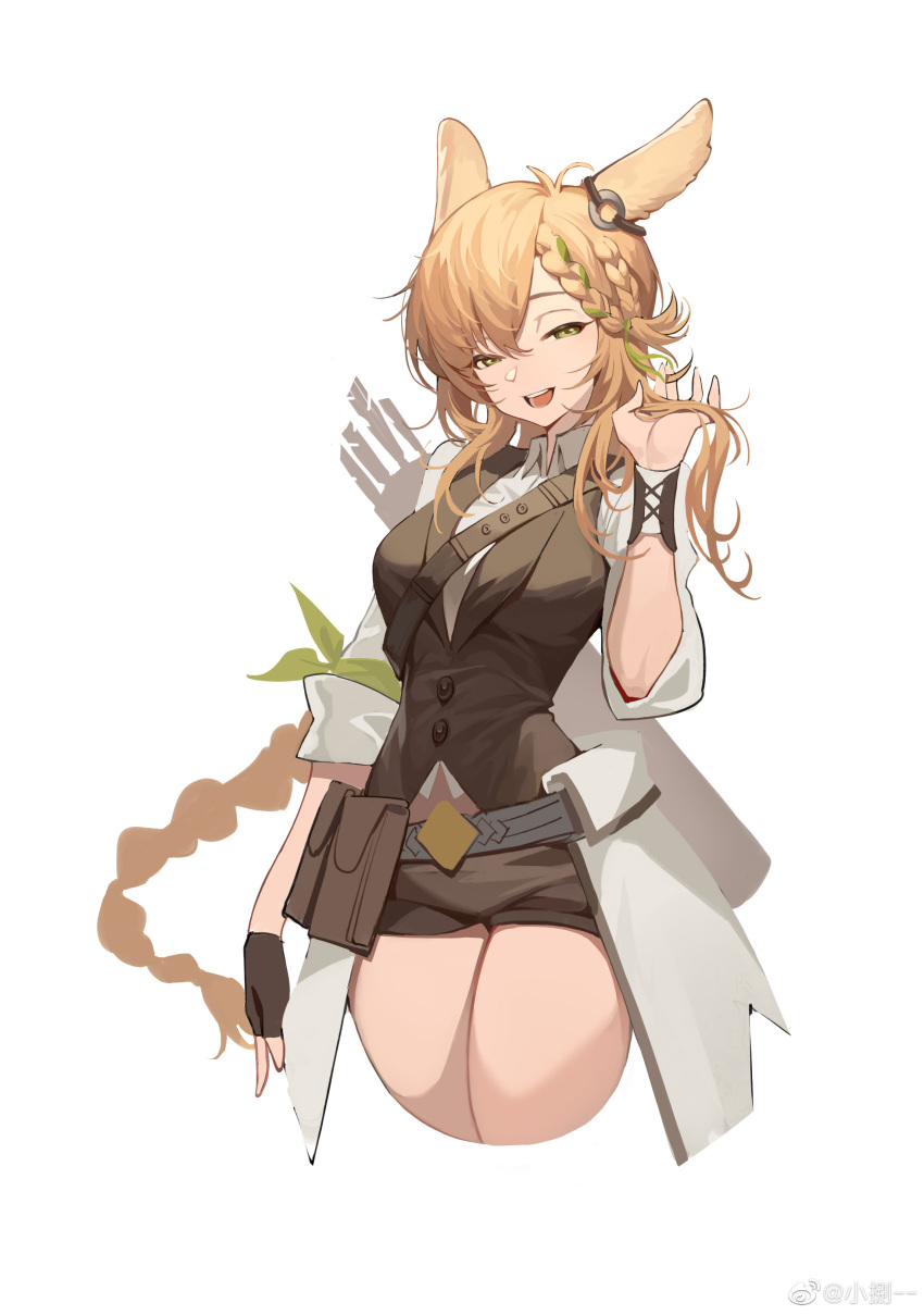 1girl :d absurdres animal_ears antenna_hair arknights armband arrow_(symbol) artist_name black_gloves black_shorts black_vest blonde_hair braid breasts collared_shirt cropped_legs ear_ornament fingerless_gloves gloves green_eyes hand_in_hair highres kroos_(arknights) kroos_the_keen_glint_(arknights) long_hair long_sleeves looking_at_viewer medium_breasts open_mouth quiver rabbit_ears shirt short_shorts shorts single_braid single_glove smile solo teeth thighs upper_teeth very_long_hair vest weibo_username white_shirt xiaoba--
