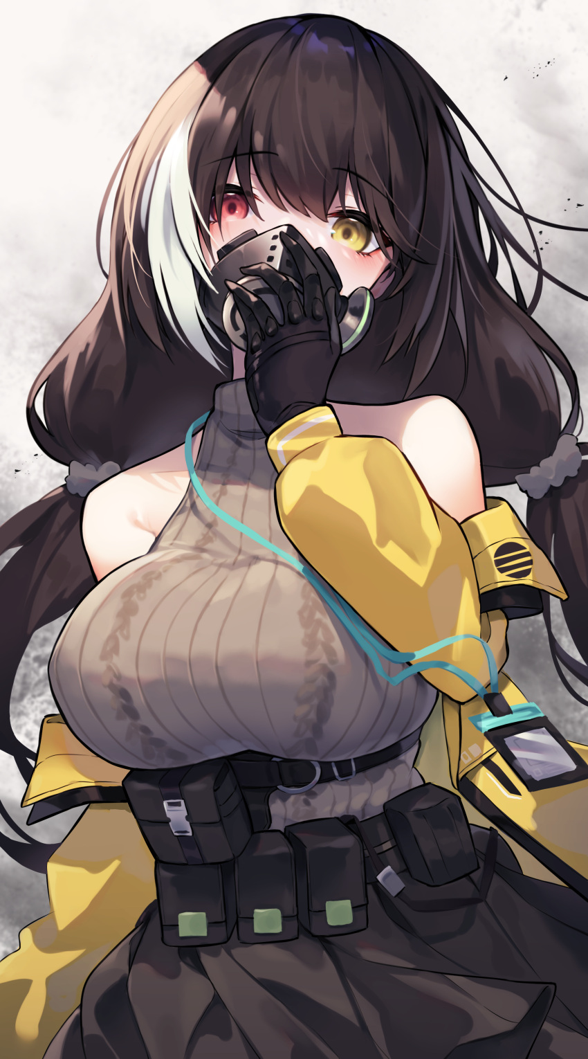 1girl absurdres bangs bare_shoulders belt black_gloves black_skirt breasts brown_hair commentary_request diieru eyebrows_visible_through_hair gas_mask girls_frontline gloves hair_between_eyes hand_up heterochromia highres id_card jacket lanyard large_breasts long_hair looking_at_viewer mask multicolored_hair open_clothes open_jacket red_eyes ro635_(girls'_frontline) skirt sleeveless sleeveless_sweater solo streaked_hair sweater twintails utility_belt white_hair yellow_eyes yellow_jacket