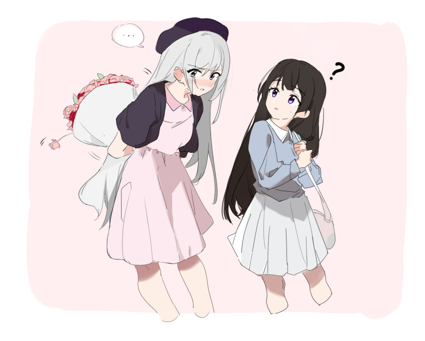 ... 2girls ? blush brown_hair ear_blush eyebrows_visible_through_hair flower grey_hair highres higuchi_kaede long_hair multiple_girls nijisanji parted_lips shukuabyss spoken_ellipsis tsukino_mito virtual_youtuber yuri