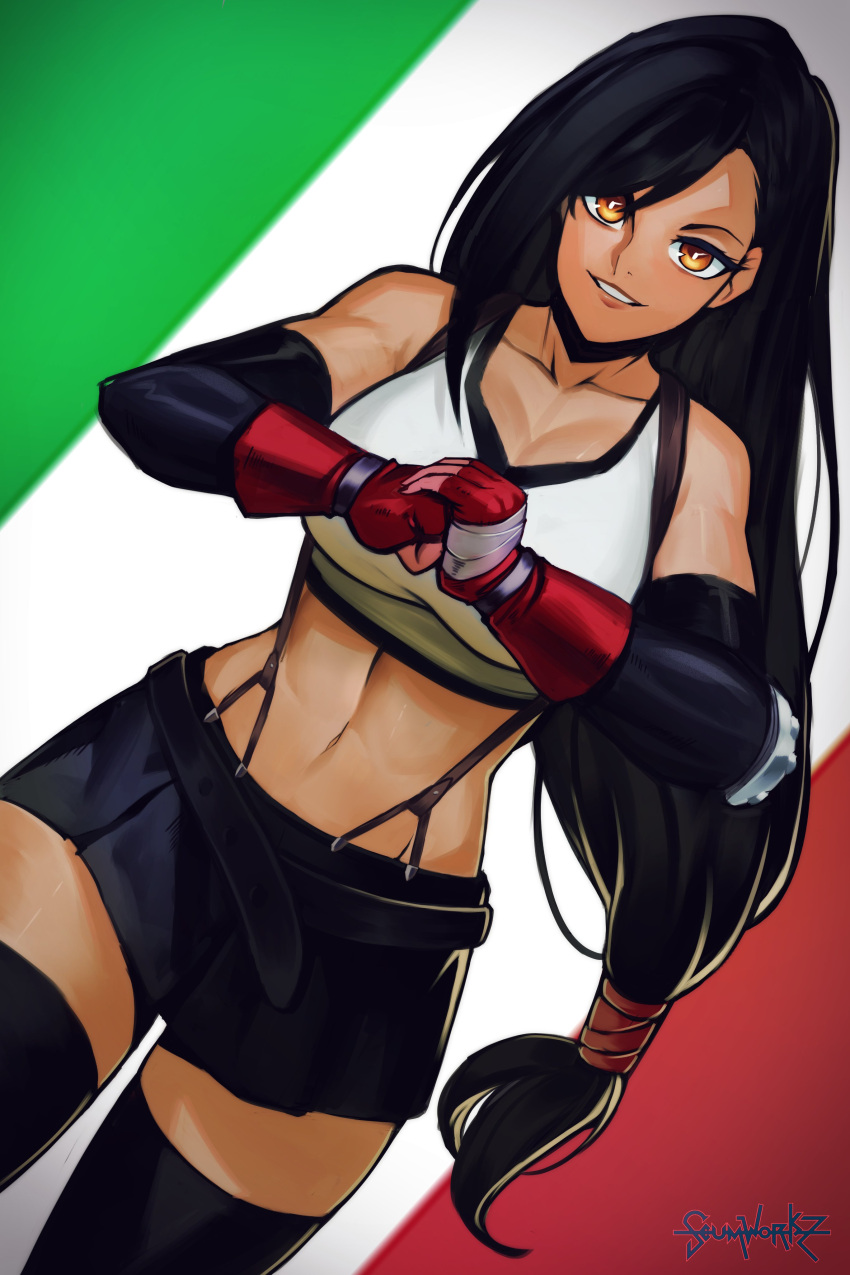 1girl absurdres artist_name belt black_hair black_skirt breasts brown_hair crop_top elbow_gloves final_fantasy final_fantasy_vii final_fantasy_vii_remake fingerless_gloves gloves grin highres italian_commentary italian_flag italian_senate_hack_(meme) long_hair looking_at_viewer low-tied_long_hair medium_breasts meme navel red_eyes scumworkz skirt smile solo suspender_skirt suspenders tank_top teeth thigh-highs tifa_lockhart white_tank_top