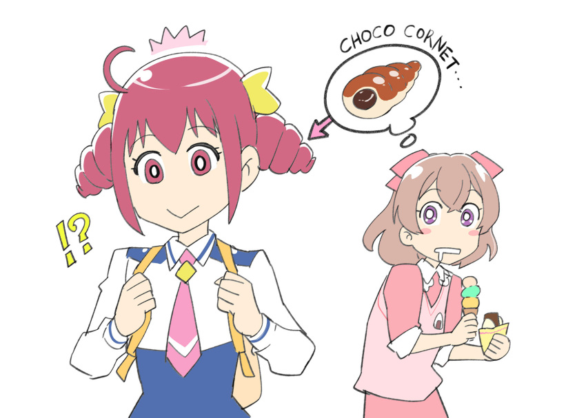 !? ahoge backpack bag brown_hair chocolate_cornet delicious_party_precure drill_hair drooling food highres hoshizora_miyuki ice_cream ice_cream_cone nagomi_yui nanairogaoka_middle_school_uniform necktie pink_eyes pink_hair pink_necktie precure school_uniform shirt short_hair simple_background smile smile_precure! thought_bubble triple_scoop twin_drills ueyama_michirou violet_eyes white_background white_shirt