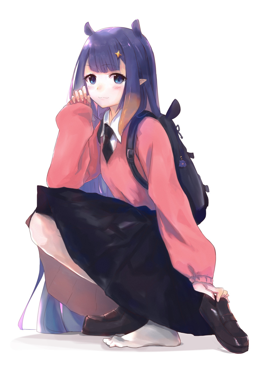 1girl animal_ears backpack bag bangs black_skirt blue_eyes blush brown_footwear closed_mouth gradient_hair hair_ornament highres holding holding_shoes hololive hololive_english loafers long_hair long_skirt long_sleeves looking_at_viewer multicolored_hair necktie ninomae_ina'nis pleated_skirt pointy_ears purple_hair shirt shoes simple_background single_shoe skirt solo tallgeese_(lgeesel) tentacle_hair tentacles two-tone_hair very_long_hair virtual_youtuber white_background white_legwear white_shirt