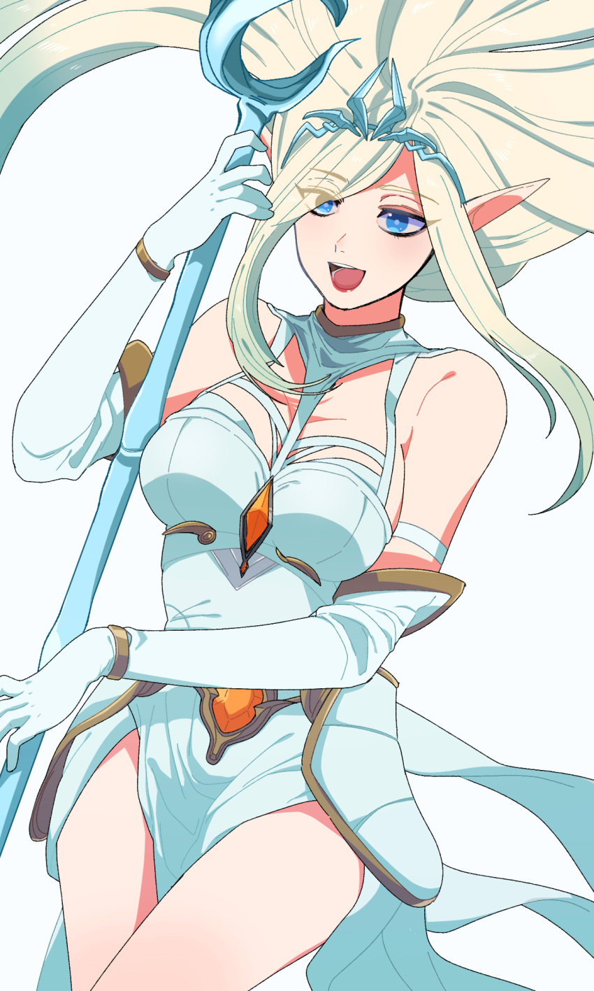 1girl :d bangs bare_shoulders blonde_hair blue_eyes breasts commentary cowboy_shot dress elbow_gloves eyebrows_visible_through_hair gloves highres hiyari_(hiyarilol) holding holding_staff janna_(league_of_legends) large_breasts league_of_legends long_hair open_mouth pointy_ears simple_background smile solo staff teeth tiara tongue white_background white_dress white_gloves