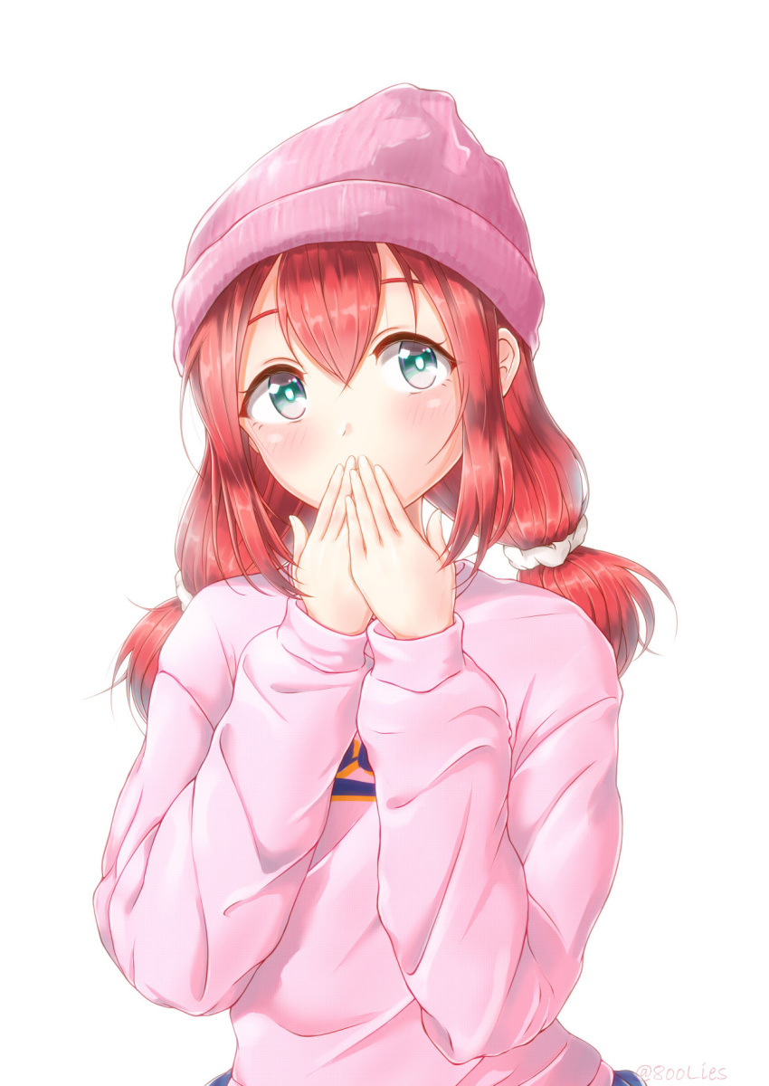 1girl bangs blue_eyes blush covering_mouth hair_between_eyes hair_ornament hair_scrunchie highres kurosawa_ruby long_hair long_sleeves looking_at_viewer love_live! love_live!_sunshine!! low_twintails pink_headwear pink_sweater redhead scrunchie shiny shiny_hair simple_background solo sweater toine twintails upper_body white_background white_scrunchie