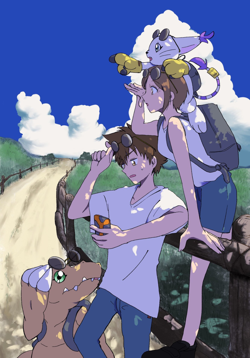 1boy 1girl agumon backpack bag breasts brother_and_sister brown_hair cellphone chiyu1995 clouds commentary_request digimon digimon_adventure digimon_adventure_tri. eyewear_on_head green_eyes highres holding holding_phone open_mouth pants phone pointing road round_eyewear shirt shorts siblings sky sunglasses t-shirt tailmon tree_shade white_shirt yagami_hikari yagami_taichi