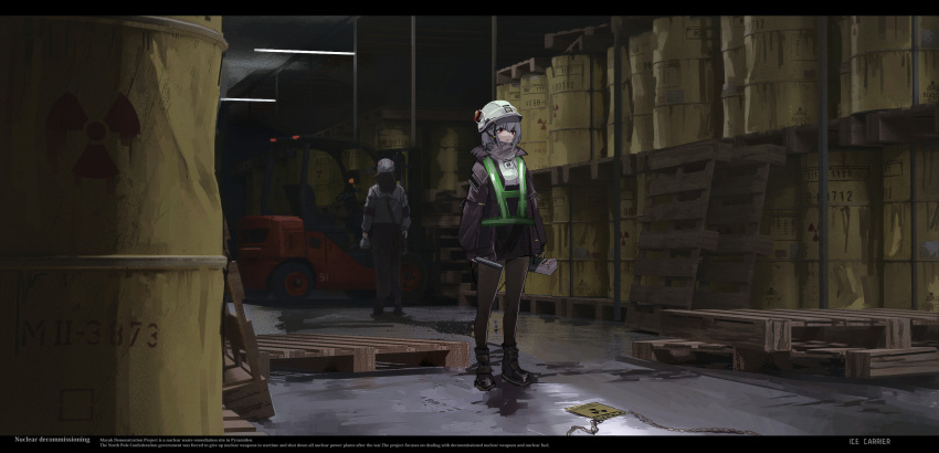 1girl 1other black_legwear cargo_pallet chain chinese_commentary commentary_request dark drum_(container) english_text from_behind full_body geiger_counter grey_hair haguruma_c hardhat helmet highres id_card jacket letterboxed long_sleeves original radiation_symbol red_eyes safety_vest sign standing warehouse