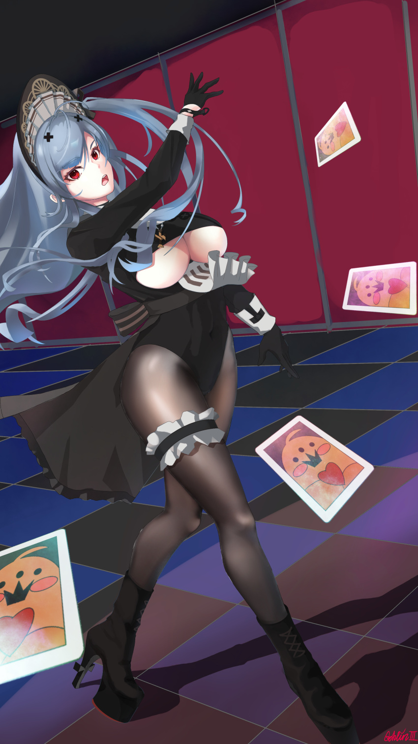 1girl absurdres azur_lane black_dress black_footwear black_gloves black_legwear blue_hair breasts card checkered_floor clothing_cutout dress full_body gloves goblin003 high_heels highres indoors large_breasts long_hair maid_headdress manjuu_(azur_lane) marco_polo_(azur_lane) marco_polo_(the_queen_of_hearts)_(azur_lane) official_alternate_costume open_mouth pantyhose platform_boots platform_footwear red_eyes solo thigh_strap under_boob underboob_cutout very_long_hair walking