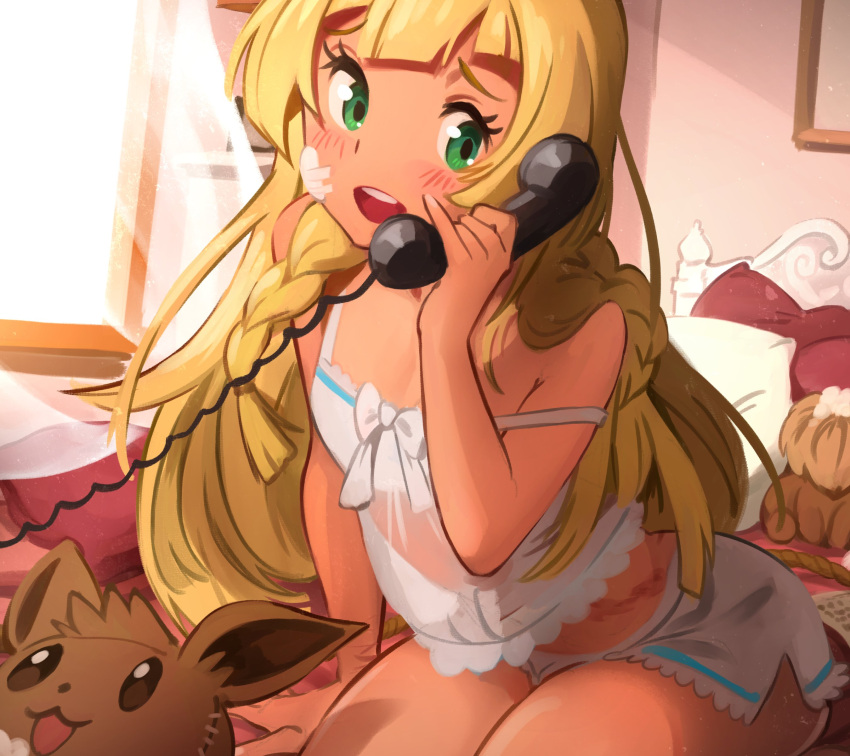 1girl absurdres alternate_costume arm_support bangs blonde_hair blunt_bangs blush braid character_doll clothing_request commentary curtains eevee green_eyes highres holding holding_phone indoors khyle. lillie_(pokemon) long_hair off_shoulder on_bed open_mouth phone pillow pokemon pokemon_(game) pokemon_sm sitting smile solo stuffing talking_on_phone teeth tongue twin_braids upper_teeth window