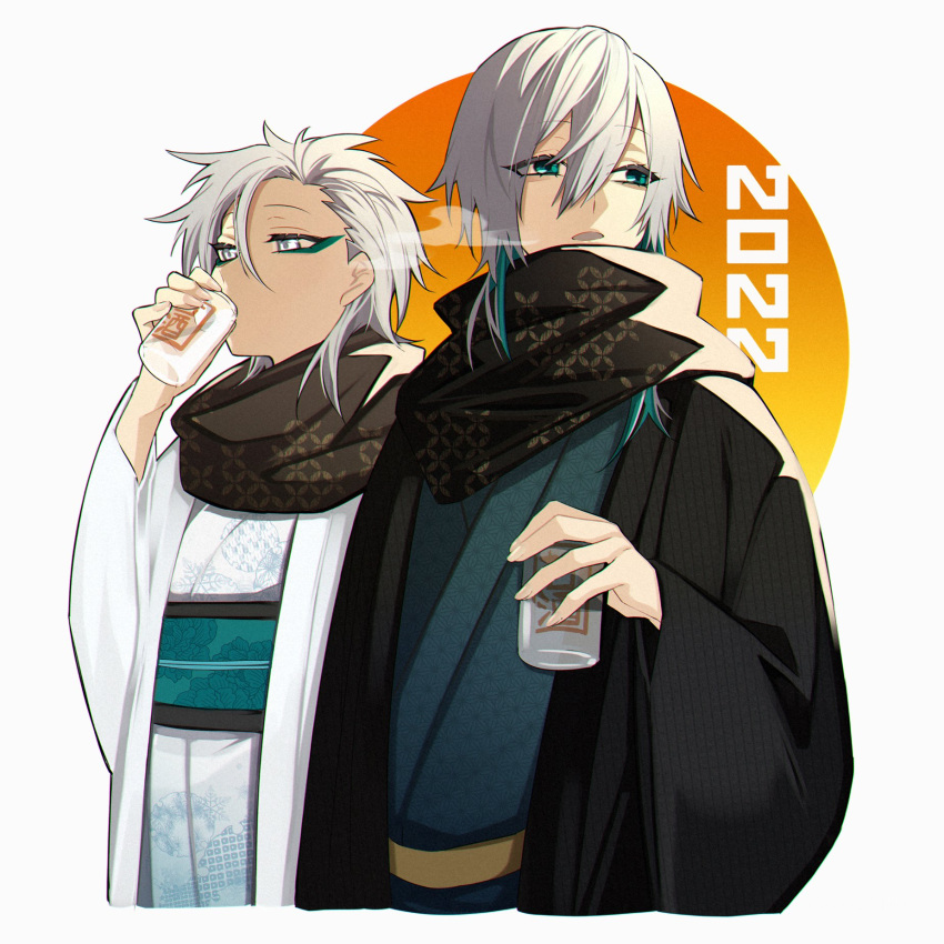 2022 2boys aqua_hair blue_eyes breath brown_scarf chinese_zodiac drinking eyebrows_visible_through_hair eyes_visible_through_hair floral_print green_eyes grey_hair hair_between_eyes highres holding japanese_clothes light_blue_eyes liquid long_hair long_sleeves makeup male_focus medium_hair menoo_(meno1921) multicolored_hair multiple_boys open_mouth original patterned_clothing scarf wide_sleeves year_of_the_tiger