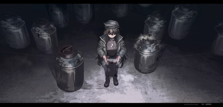 1girl black_hair commentary container daria_(haguruma_c) dark dog_tags from_above full_body gloves haguruma_c highres jacket letterboxed long_hair long_sleeves original rubber_gloves solo standing