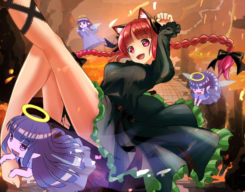 &gt;_&lt; 4girls animal_ears asymmetrical_legwear bangs barefoot black_bow black_ribbon blue_dress blue_hair blunt_bangs bow braid cat_ears cat_tail clothes_pull dress dress_pull eyebrows_visible_through_hair fairy_wings frilled_dress frilled_sleeves frills ghost_pose green_dress hair_bow halo happy jitome juliet_sleeves kaenbyou_rin leg_ribbon leg_strap leg_up long_hair long_sleeves manombon1153 minigirl multiple_girls multiple_tails nekomata open_mouth paw_pose puffy_sleeves red_eyes redhead ribbon short_sleeves sidelocks sitting tail touhou triangle_mouth twin_braids two_tails very_long_hair violet_eyes wheelbarrow wings zombie_fairy_(touhou)