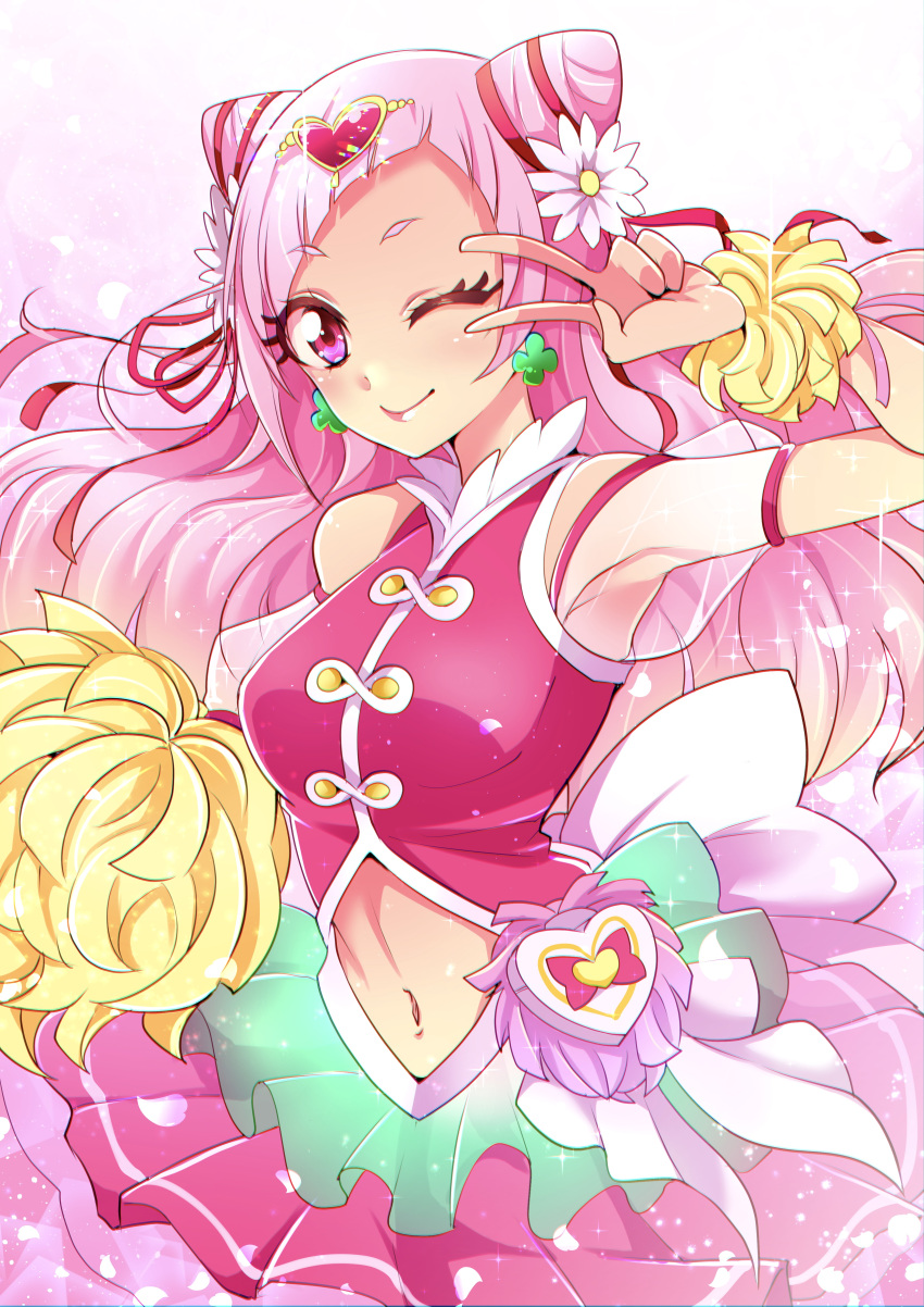 absurdres armpits blouse breasts clover_earrings cowboy_shot cure_yell gradient gradient_background hair_cones hair_ornament heart heart_hair_ornament heart_pouch highres hugtto!_precure looking_at_viewer medium_breasts mitsuki_tayura nono_hana one_eye_closed pink_background pink_blouse pink_skirt pom_pom_(cheerleading) precure puffy_short_sleeves puffy_sleeves see-through short_sleeves skirt thick_eyelashes v