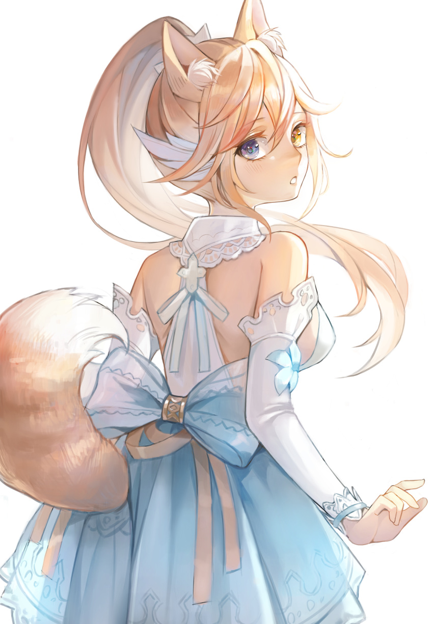 1girl animal_ears back bangs breasts detached_sleeves dress fox_ears fox_girl fox_tail from_behind highres large_breasts long_hair looking_at_viewer looking_back moguta_(moguta9) open_mouth original ribbon sideboob simple_background standing tail white_background