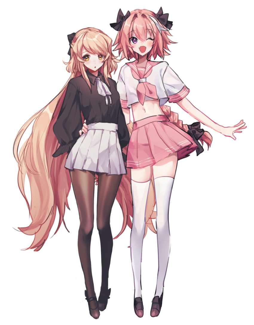 1boy 1girl astolfo_(fate) black_legwear blonde_hair blush bow braid crop_top crossdressing fate/apocrypha fate_(series) highres koyashaka long_sleeves navel one_eye_closed original otoko_no_ko pale_skin pantyhose pink_hair school_uniform serafuku skirt thigh-highs violet_eyes yellow_eyes