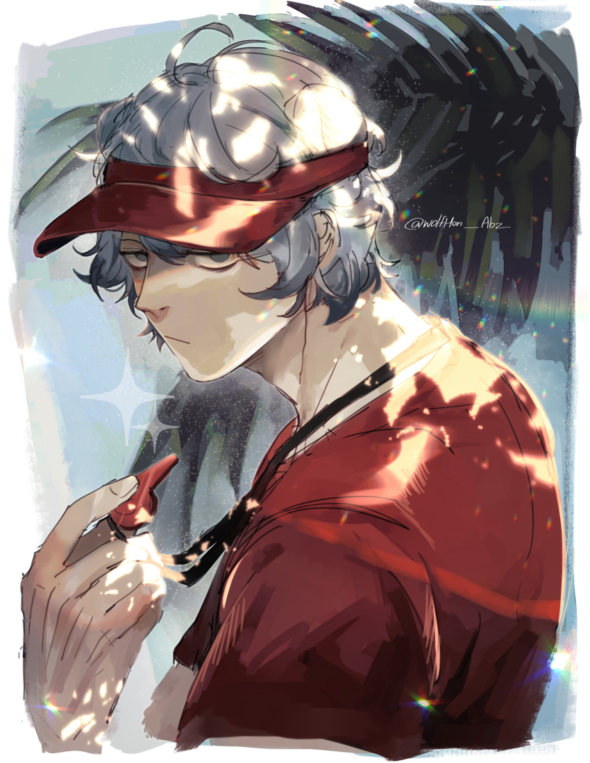 1boy absurdres ahoge arknights artist_name bishounen grey_eyes grey_hair hat highres jaye_(arknights) jaye_(beach_guard)_(arknights) looking_at_viewer male_focus red_shirt shirt short_hair sleepy tired upper_body visor_cap watermark whistle wolfhon_abz