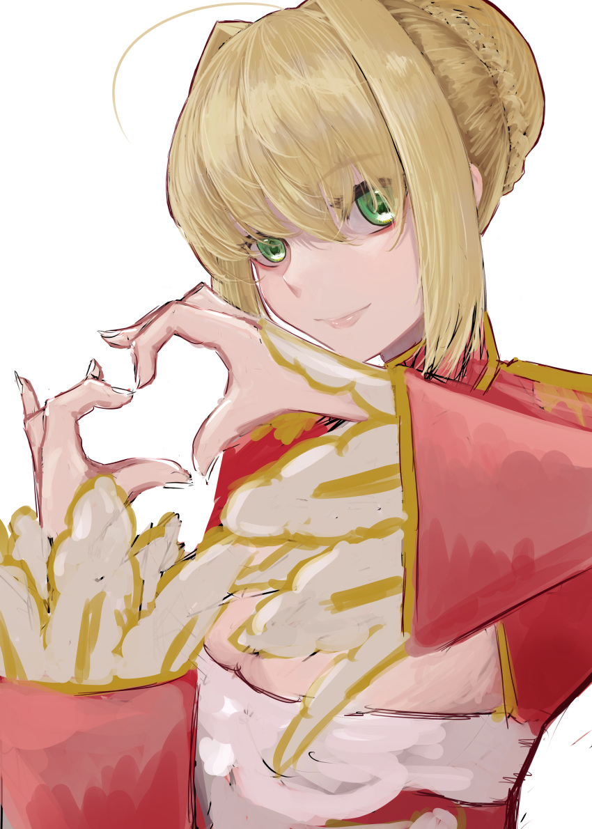 1girl ahoge blonde_hair braid breasts cleavage commentary_request dress epaulettes fate/extra fate/grand_order fate_(series) french_braid green_eyes hair_intakes hair_ribbon juliet_sleeves kurutontyan large_breasts long_sleeves nero_claudius_(fate) nero_claudius_(fate)_(all) puffy_sleeves red_dress red_ribbon ribbon saber_extra see-through solo wide_sleeves