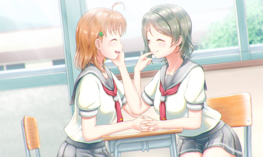 2girls :d ^_^ ahoge brown_hair chair classroom closed_eyes closed_mouth collared_shirt desk dutch_angle grey_sailor_collar grey_skirt holding_hands indoors interlocked_fingers love_live! love_live!_sunshine!! miniskirt multiple_girls neckerchief pleated_skirt profile red_neckerchief sailor_collar sailor_shirt school_uniform shiny shiny_hair shirt short_hair short_sleeves silver_hair sitting skirt smile takami_chika toine uranohoshi_school_uniform watanabe_you white_shirt yuri