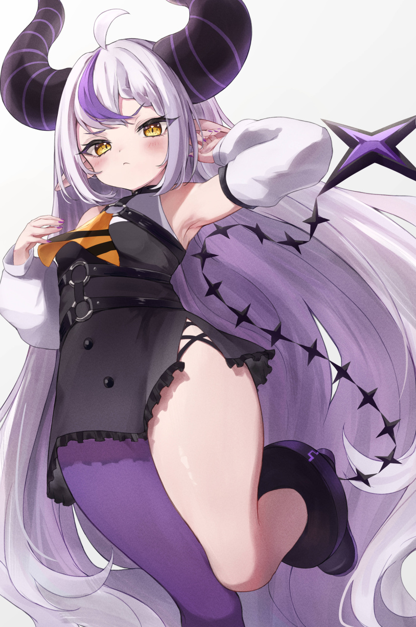 1girl absurdres ahoge ankle_cuffs armpits ascot bangs black_dress blush commentary_request demon_horns detached_sleeves dress frilled_dress frills higashigure highres hololive horns la+_darknesss long_hair long_sleeves looking_at_viewer multicolored_hair nail_polish pointy_ears purple_hair purple_legwear purple_nails silver_hair simple_background single_leg_pantyhose sleeveless sleeveless_dress solo standing standing_on_one_leg streaked_hair tail very_long_hair virtual_youtuber white_background yellow_ascot yellow_eyes