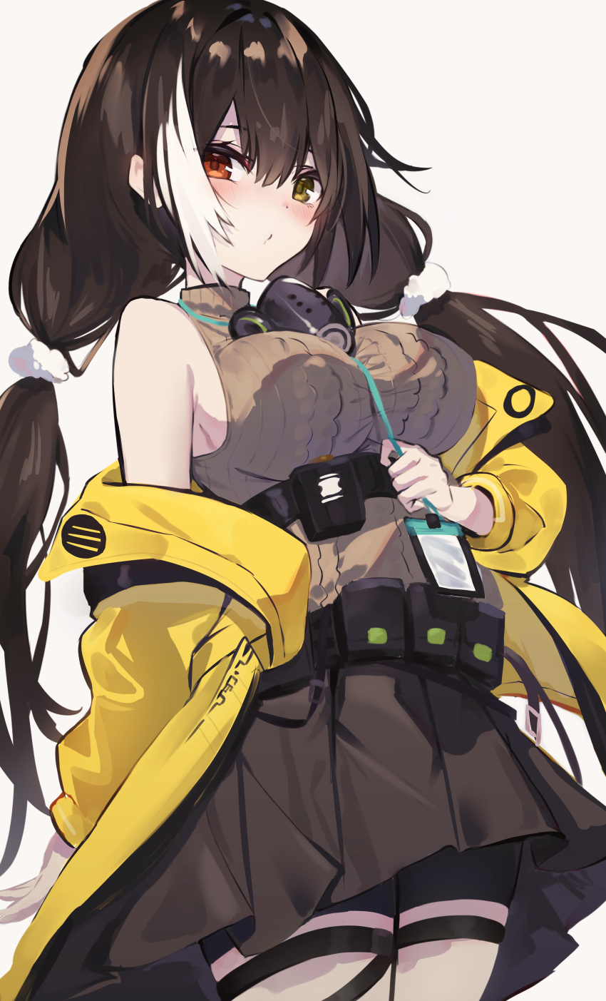 1girl absurdres bangs blush breasts brown_hair brown_skirt commentary_request cowboy_shot diieru gas_mask girls_frontline hair_between_eyes heterochromia highres holding jacket large_breasts long_hair long_sleeves mask mask_around_neck multicolored_hair off_shoulder open_clothes open_jacket red_eyes ro635_(girls'_frontline) simple_background skirt sleeveless sleeveless_sweater solo standing streaked_hair sweater twintails white_background white_hair yellow_eyes yellow_jacket