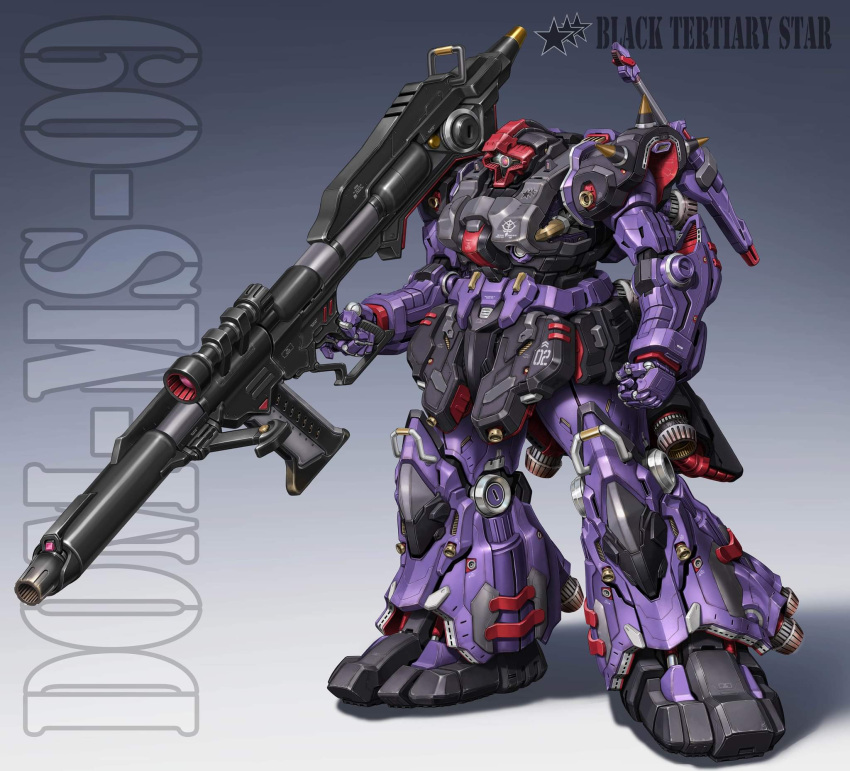 clenched_hand dom gradient gradient_background gun gundam highres holding holding_gun holding_weapon maeda_hiroyuki mecha mobile_suit mobile_suit_gundam no_humans one-eyed pink_eyes shadow solo weapon zeon