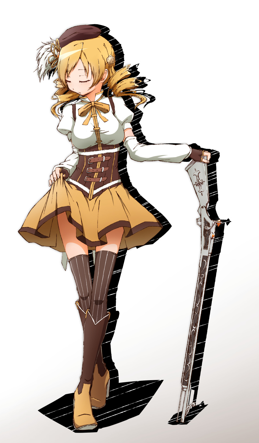 1girl absurdres blonde_hair boots breasts brown_footwear brown_gloves closed_eyes clothes_lift commentary_request corset crossed_legs detached_sleeves drill_hair fingerless_gloves full_body gloves gun hat highres juliet_sleeves knee_boots long_sleeves magical_girl magical_musket mahou_shoujo_madoka_magica medium_breasts planted puffy_sleeves short_hair skirt skirt_grab skirt_lift solo standing striped striped_legwear thigh-highs thighs tomoe_mami vertical-striped_legwear vertical_stripes watson_cross weapon white_background yanmaami yellow_skirt