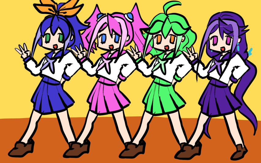 4girls :d ahoge blue_hair bow bracelet_girls card choker closed_eyes green_eyes green_hair hair_bow hiiragi_yuzu jewelry kurosaki_ruri leogardion2753 multicolored_hair multiple_girls open_mouth pink_eyes pink_hair ponytail purple_hair quadruplets rin_(yuu-gi-ou_arc-v) sailor_dress sailor_shirt school_uniform serena_(yuu-gi-ou_arc-v) short_twintails sleeveless smile twintails two-tone_hair uniform yellow_eyes yu-gi-oh! yu-gi-oh!_arc-v yuu-gi-ou yuu-gi-ou_arc-v zipper