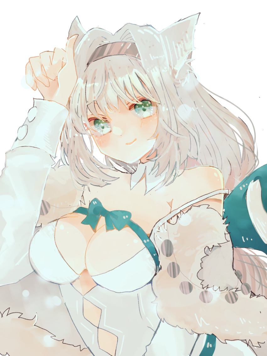 1girl animal_ears armored_boots bangs blue_bow blue_eyes blue_ribbon blush boots bow breasts brown_legwear buttons cape capelet cat_ears cat_girl cat_tail crop_top crop_top_overhang dobrynya_nikitich_(fate) dress fate/grand_order fate_(series) fur-trimmed_capelet fur-trimmed_headwear fur_trim gauntlets grey_dress hair_bow highres hn_hbr knee_boots large_breasts long_hair long_sleeves looking_at_viewer low_ponytail mace medium_breasts pantyhose ribbon short_dress smile solo tail thighs weapon white_cape white_capelet white_hair white_headwear
