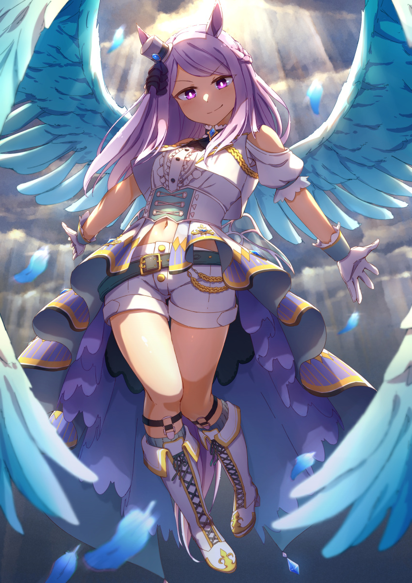 1girl absurdres angel_wings animal_ears arms_behind_back bangs bare_shoulders belt blue_wings blurry blurry_foreground boots braid breasts buttons closed_mouth clouds commentary cross-laced_clothes cross-laced_footwear dress eyelashes feathered_wings feathers frilled_dress frills full_body gem gloves gold_trim hat highres horse_ears horse_girl knee_boots knees_together_feet_apart long_hair looking_at_viewer mejiro_mcqueen_(umamusume) midriff mini_hat navel parted_bangs pink_eyes purple_hair shaded_face short_sleeves shorts sky smile socks solo split_mouth thigh_gap thighs umamusume v-shaped_eyebrows white_gloves white_shorts wings yaaben