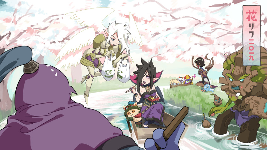 4boys 6+girls :d angel_wings bangs bare_shoulders blue_eyes boat breasts cherry_blossoms chopsticks commentary_request dark-skinned_female dark_skin dress fish_boy fizz_(league_of_legends) flying from_behind fur_trim goggles goggles_on_head hair_over_one_eye hat highres hiyari_(hiyarilol) holding holding_chopsticks jax_(league_of_legends) karma_(league_of_legends) kayle_(league_of_legends) large_breasts league_of_legends lulu_(league_of_legends) lying maokai morgana_(league_of_legends) multiple_boys multiple_girls multiple_wings nail_polish on_back open_mouth outdoors pointy_ears poppy_(league_of_legends) purple_dress purple_nails river seiza siblings sisters sitting smile teemo teeth translation_request tree tristana upper_teeth water watercraft white_hair white_wings wings yordle